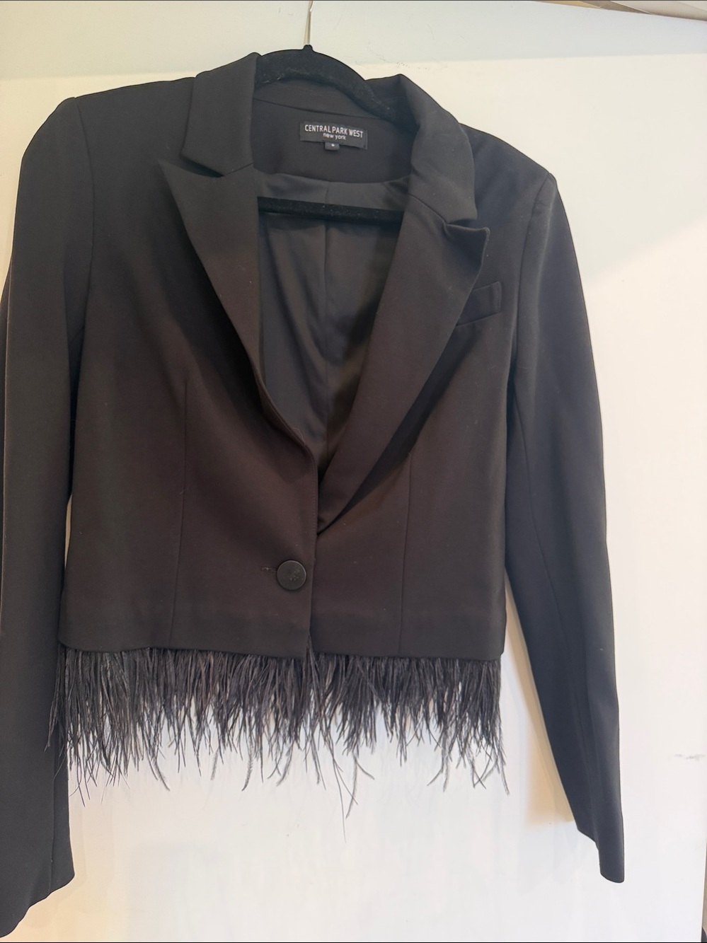 Central Park West Black Cropped Blazer with Feather Trim